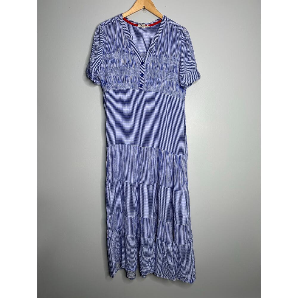 Cactus + Pearl Maxi‎ Dress Womens L Blue EUC Smocked Tiered Boho Airy Striped